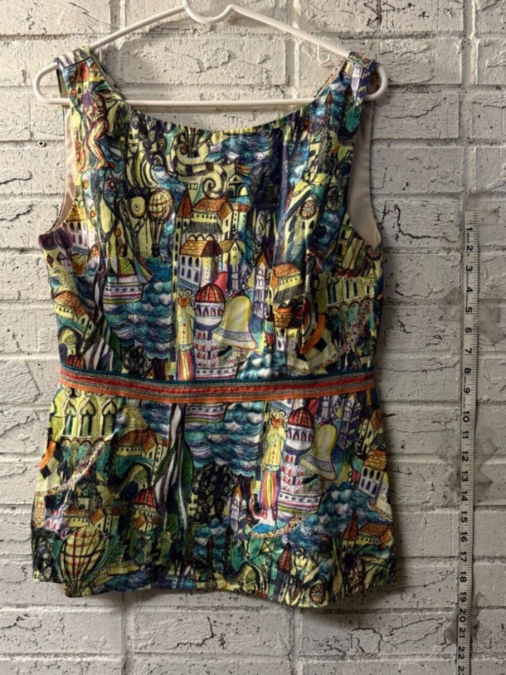 Weston Anthropology Novelty Cityscape Print Sleeveless Tunic Top Artsy Whimsical